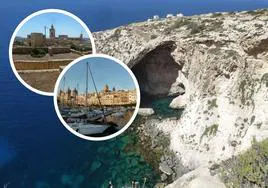 'Blue Grotto', uno de los paisajes más fascinantes de Malta. En los recuadros pequeños, la ciudadela de Victoria en Gozo y un atardecer en Birgu.