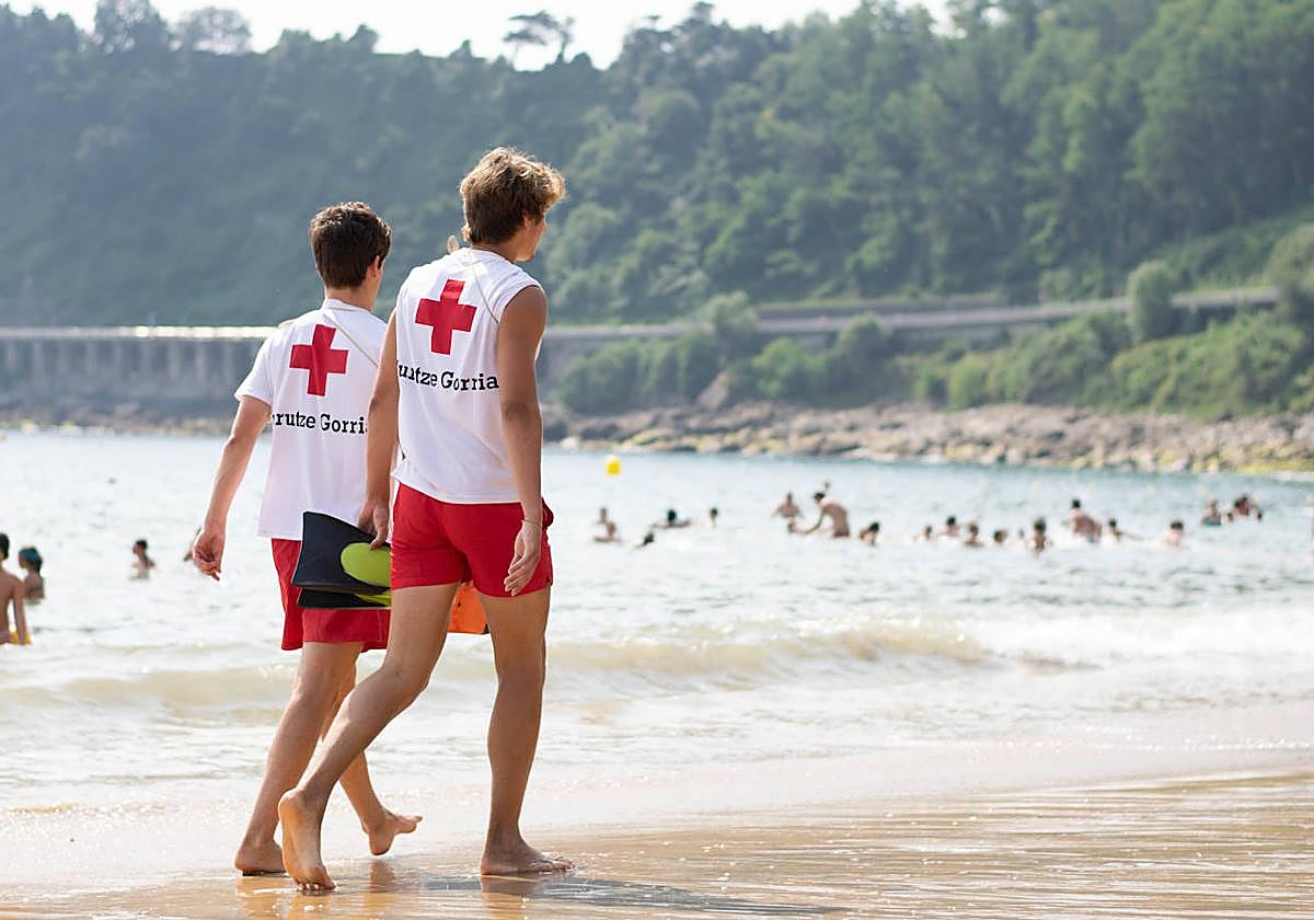 Dos socrritas por la orilla de la playa en Getaria.
