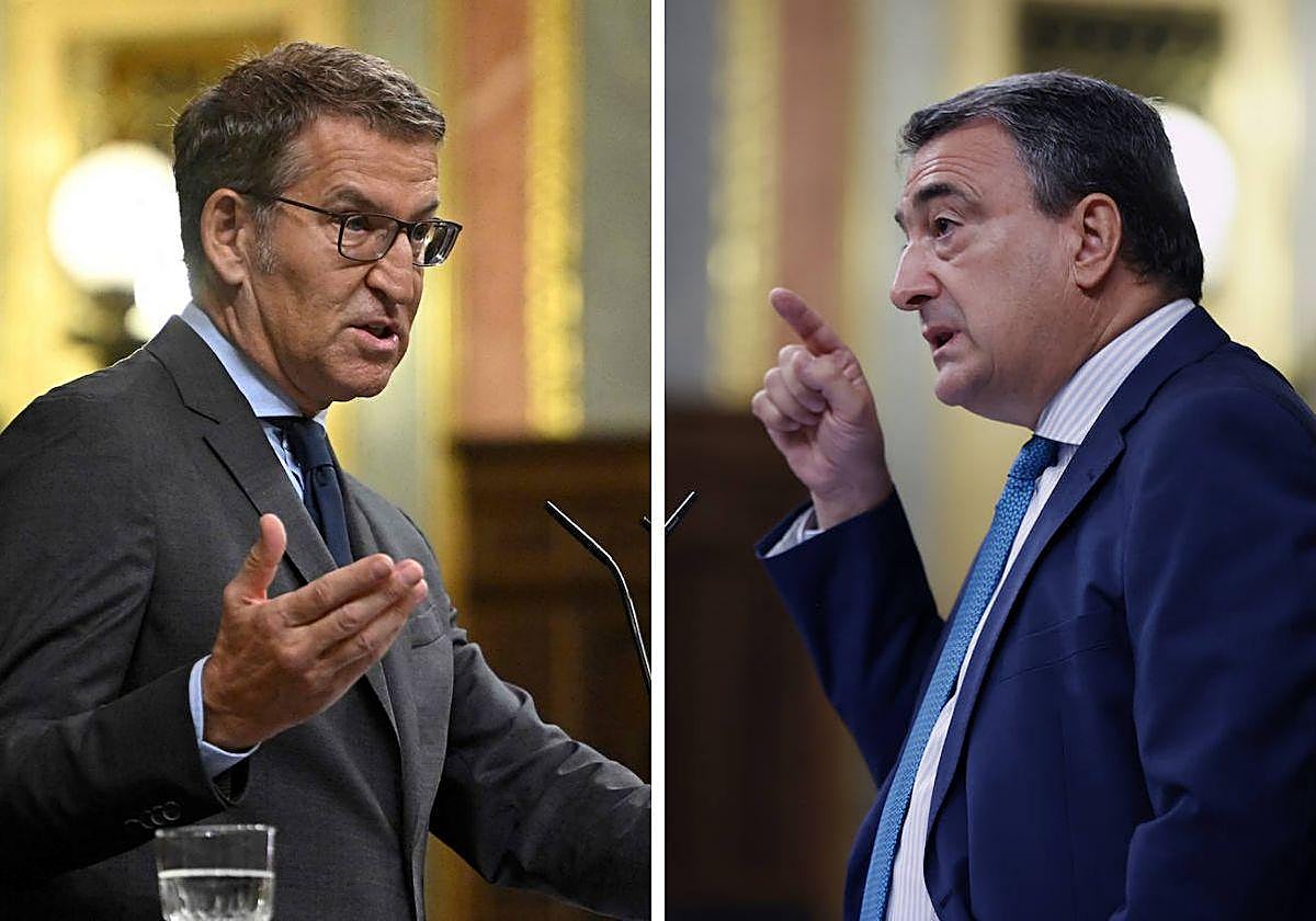 Alberto Núñez Feijóo y Aitor Esteban en la sesión del debate de investidura de este miércoles.