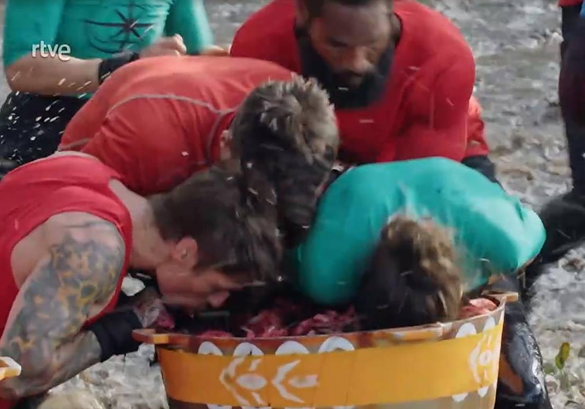 Varios concursantes, en la prueba de los caníbales de El Conquistador.