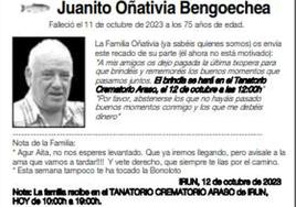 La divertida esquela de Juanito Oñativia: «No nos esperes levantado, que ya iremos llegando»