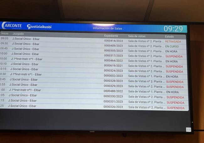 Pantalla informativa sobre la celebración de juicios, muchos de ellos suspendidos.