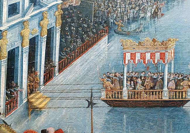 Detalle de la gabarra donde iba Ana de Austria y del pabellón español.