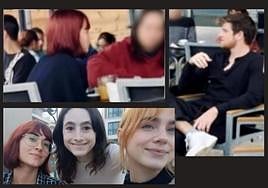 Aitana y Miguel Bernardeau en la misma terraza de un local de Zarautz en distintos momentos. Abajo, la cantante con unas amigas.