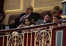 Isabel Díaz Ayuso mira su móvil en la tribuna de invitados del Congreso de los Diputados.