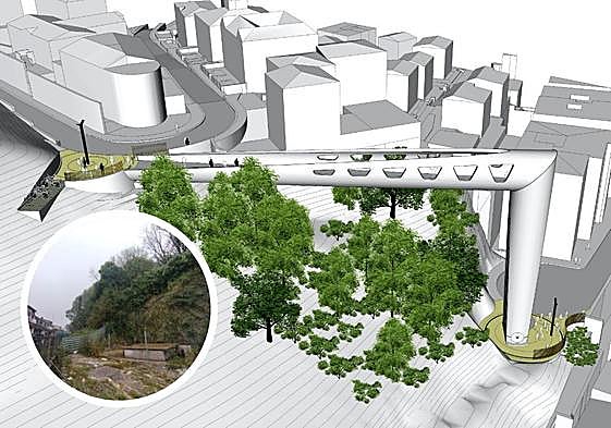 Imagen virtual del ascensor y fotografía del final de la calle la Salud de donde partirá la torre.