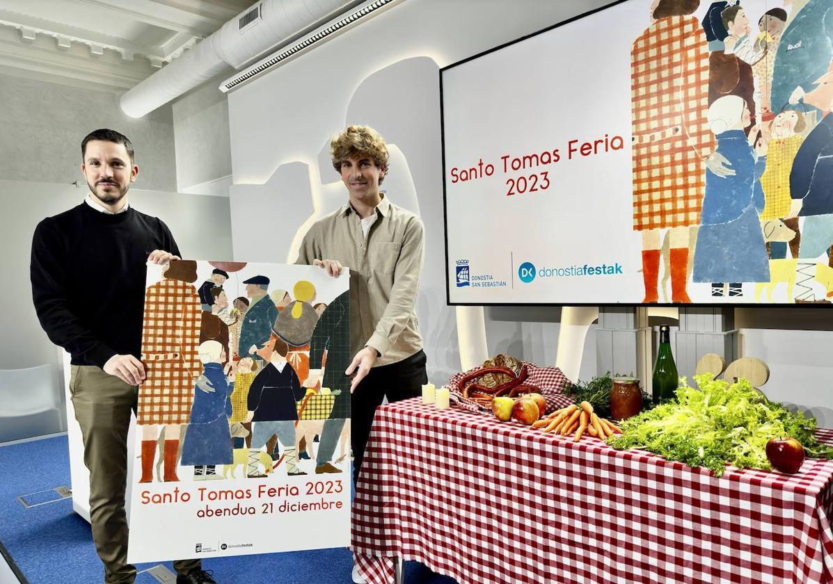 Alfonso Reiriz, responsable de Marketing de Super Amara, y Jon Insausti, concejal de Actividades Festivas, este miércoles presentado la Feria de Santo Tomás de Donostia.