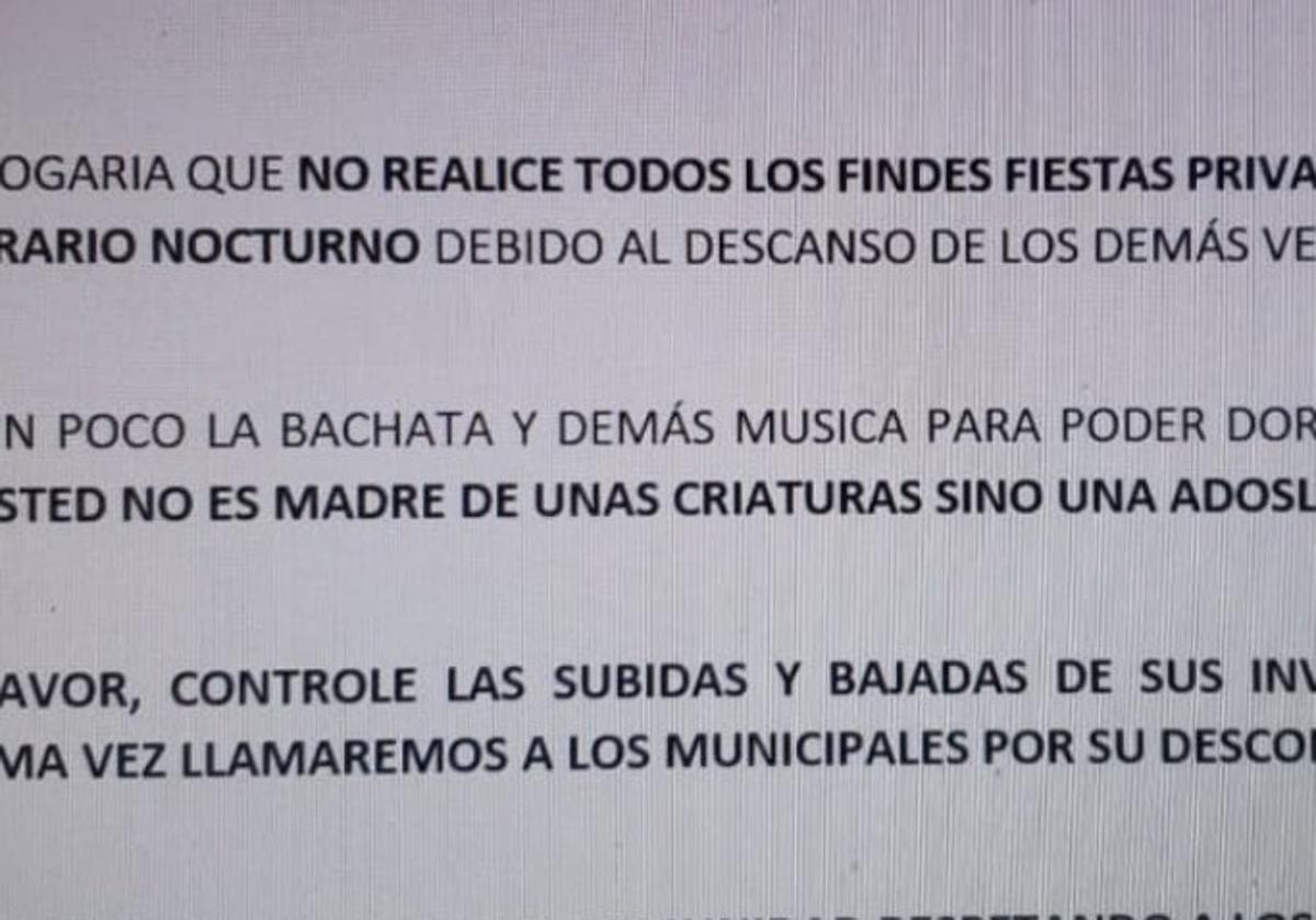 Extracto de la nota hecha pública en una comunidad de vecinos de Hernani.