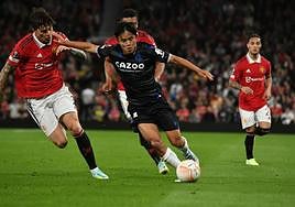 Take Kubo, en el partido que se jugó en Old Trafford en la temporada 2022/23 entre el Manchester United y la Real Sociedad.