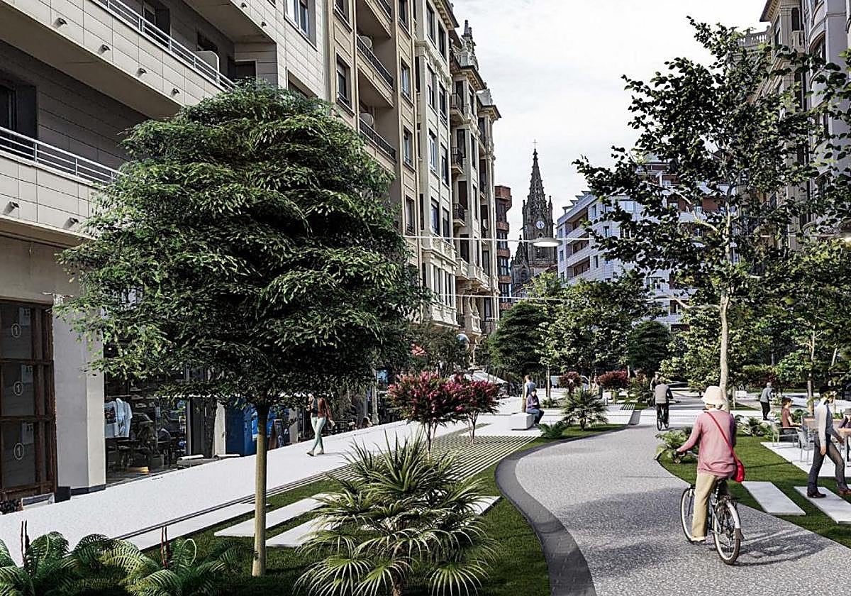 Imagen del diseño para la calle Ramón y Cajal de Gros, con plantas, arbolado y un carril en zigzag con tráfico restringido.