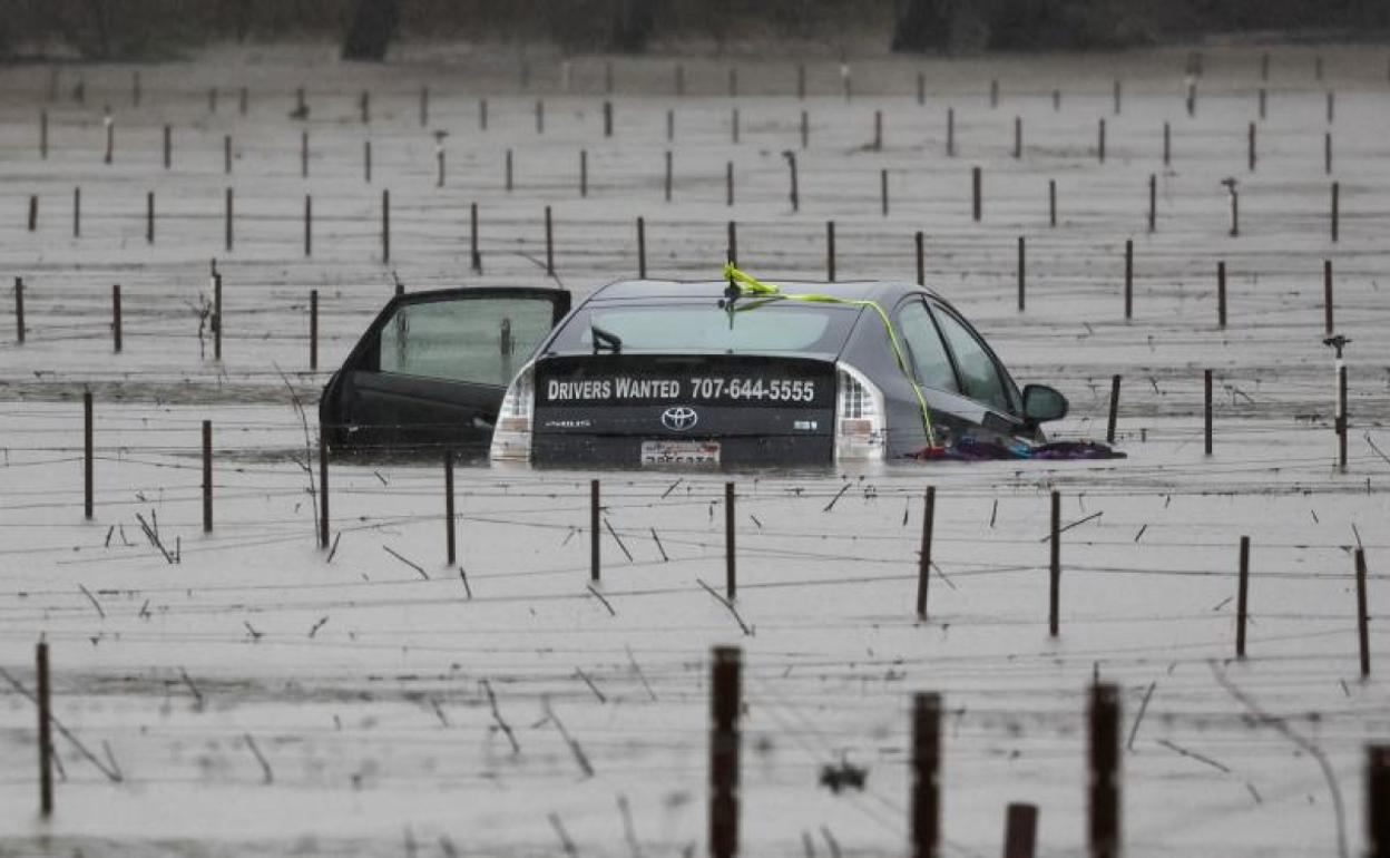 Un automóvil sumergido y abandonado por las inundaciones cerca de un viñedo en Forestville, California. 