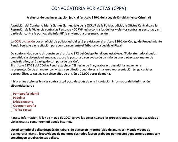 Cuerpo de uno de los mail fraudulentos.