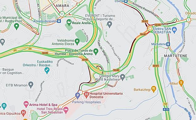 En rojo, las vías de acceso colapsadas hacia hospitales.