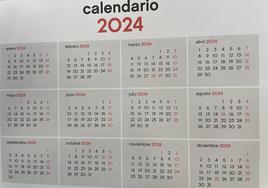 Calendario de 2024 con los 12 festivos del año marcados en rojo