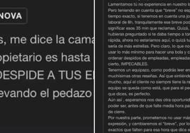 Mensaje del cliente y respuesta del propietario del Café a Tres Bandas.