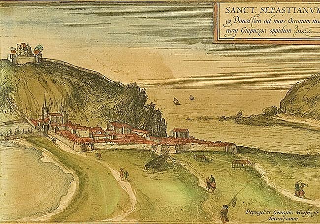 Detalle del grabado de San Sebastián, donde se aprecia la construcción de una gran embarcación frente a la muralla (1572).
