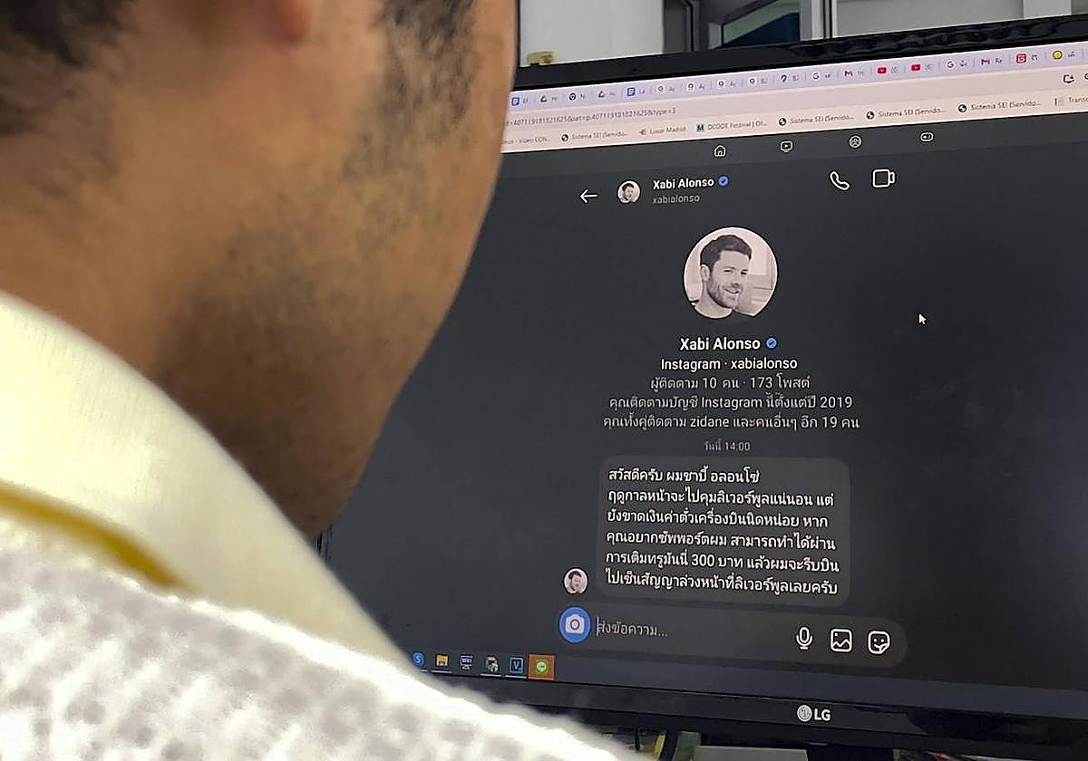 Mensaje del perfil falso de Xabi Alonso recibido por usuarios de 'X' y Facebook en Tailandia.