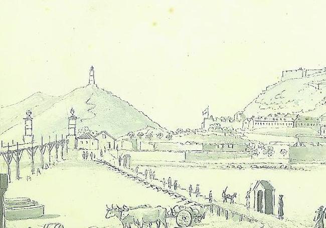 El fanal de Igeldo en 1837 (a la izquierda sobre el monte igeldo), en un dibujo del inglés Hornbrok.