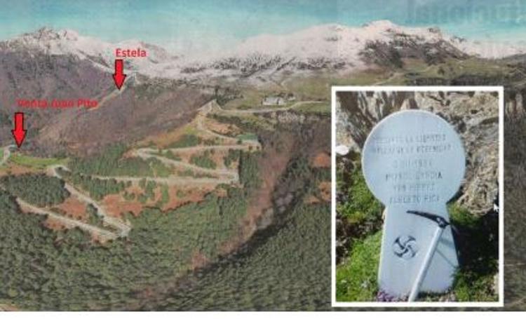 Ubicación de Juan Pito y la estela de homenaje en el mapa, con los nombres de los tres montañeros fallecidos