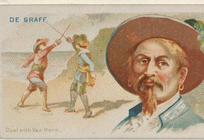 Duelo entre Laurens de Graaf y Van Hoorn. Cromo para la marca de cigarrillos Allen & Ginter Cigarettes