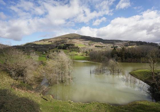 La tranquilidad rodea al lago de Lindozulo que se forma con el agua de lluvia en Berastegi.