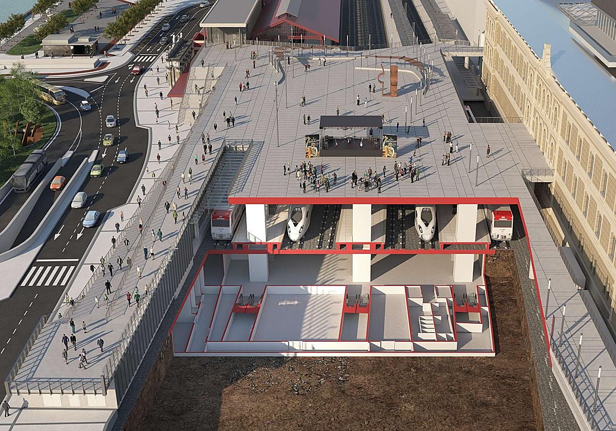 Fotomontaje de la futura estación de Atotxa con la plaza superior hasta Tabakalera.