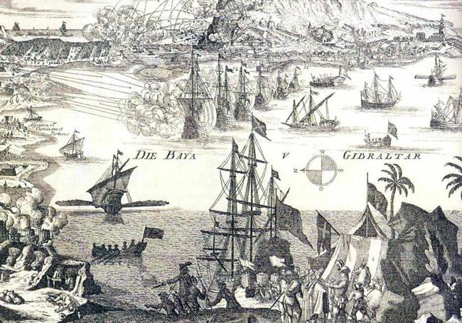 Asedio español a Gibraltar en 1727. Grabado alemán de la época