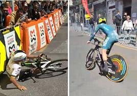 Evenepoel en el suelo en una de las primeras curvas del circuito y Roglic, tras confundirse en la llegada a meta.