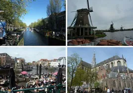 De izquierda a derecha y de arriba abajo, un canal en la capital, los célebres molinos de Zaanse Schans, la gente disfrutando de la 'dolce vita' en Leiden y la catedral de Haarlem.