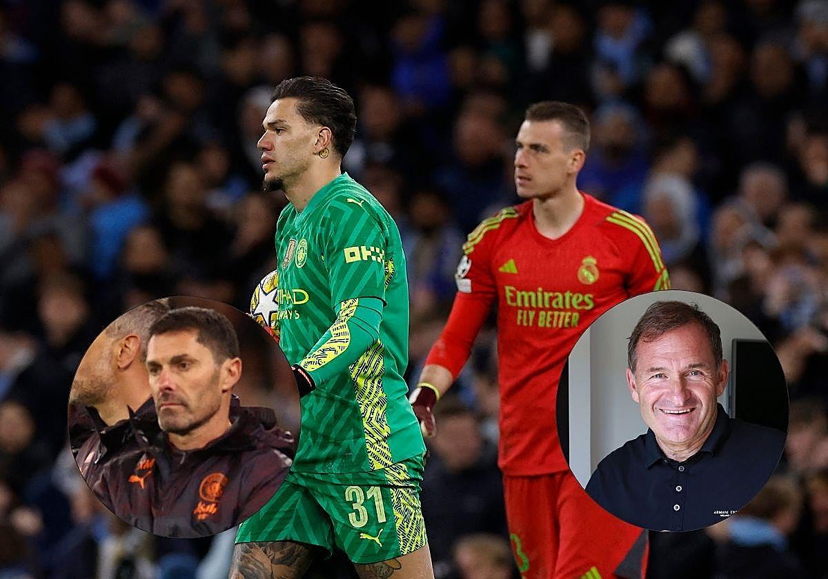 Xabier Mancisidor es entrenador de porteros del Manchester City y Luis Llopis del Real Madrid. En imagen, Ederson Moraes y Andriy Lunin.