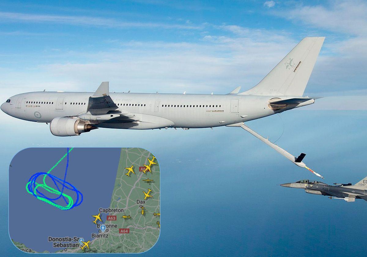 El Airbus A330 MRTT del Ejército del Aire francés en tareas de repostaje en vuelo y abajo el recorrido frente a la costa guipuzcoana.