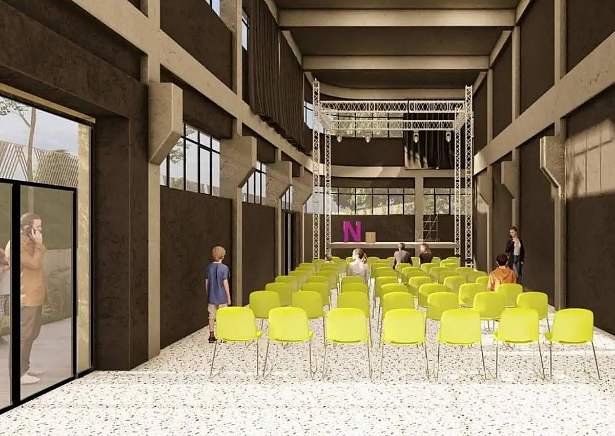 Imagen secundaria 1 - Fotomontajes de diferentes dependencias exteriores e interiores del edificio ya rehabilitado, que contará con terraza en la cubierta, biblioteca, zona de exposiciones y un espacio escénico divisible con camerinos.