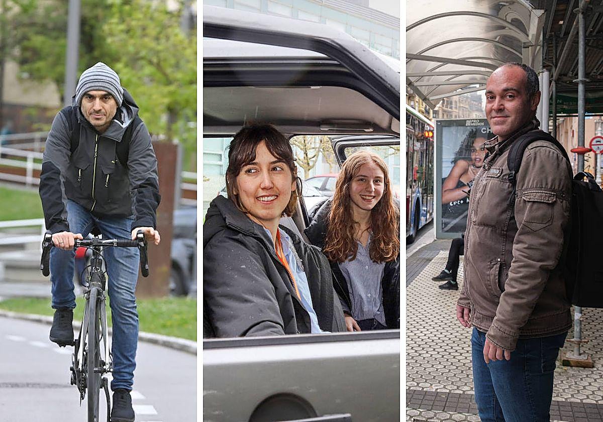 Sergio Heras, en su bicicleta; Paula Giménez, en su coche compartido; y Aitor Calleja, esperando al autobús.