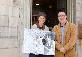 Mertxe Amondarain, junto a Iñaki Caballero, artífices ambos de las dos nuevas exposiciones del palacio de Aranburu.