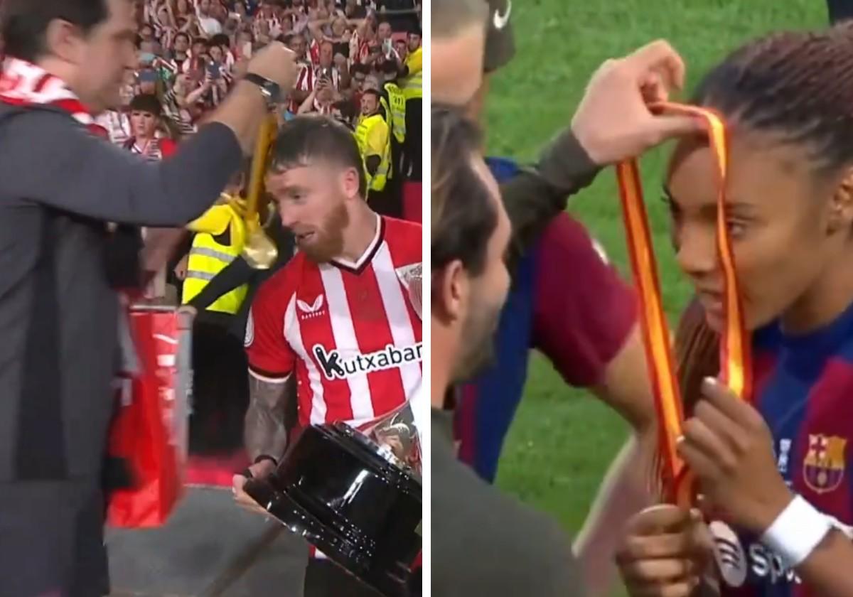 A la izquierda, Iker Munian recibe la medalla de campeones de Copa de parte de un delegado del Athletic. A la derecha Salma Paralluelo ayer recibiendo también su medalla.