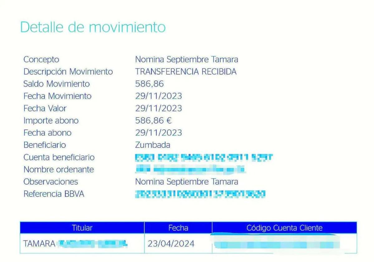 Al descargarse los ingresos, Tamara comprobó que en el concepto de beneficiario se leía 'zumbada'.