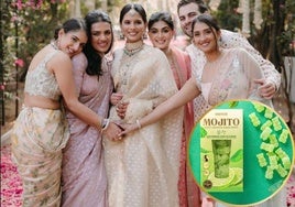 Radhika Merchant en su primera preboda. Derecha: detalle de los ositos de mojito.