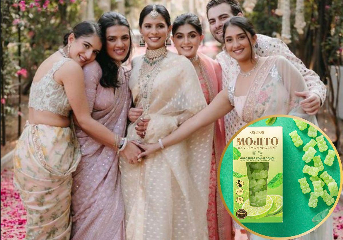 Radhika Merchant en su primera preboda. Derecha: detalle de los ositos de mojito.