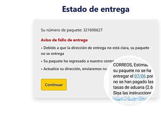 Página web fraudulenta para realizar el pago a los ciberdlicuentes y, a la derecha, uno de los SMS que se reciben en el teléfono.