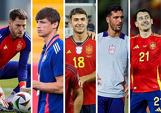 Remiro, Le Normand, Zubimendi, Merino y Oyarzabal, con la selección española.