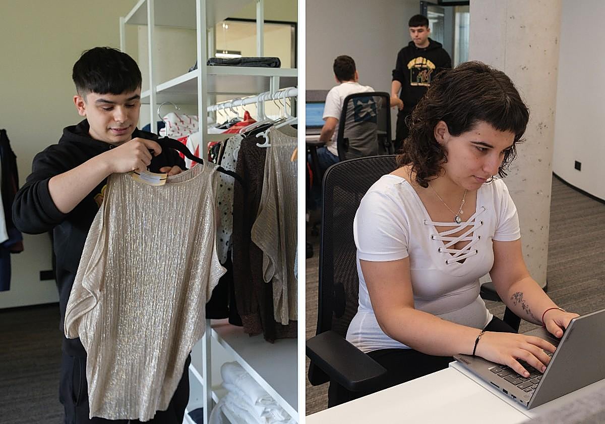 Iraitz, a la izquierda de la imagen, en uno de los espacios simulados de prácticas que hay en el nuevo edificio Iome, en Gureak. Unbe, a la derecha, ha aprendido a desempeñar sulabor como administrativa a base de muchas clases prácticas.