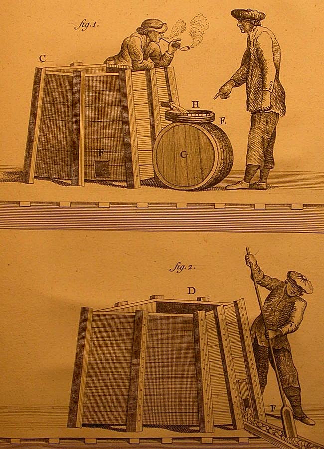 Purificación de saín sobre la cubierta de un ballenero vasco_ Trasvase de la grasa a las barricas (arriba) y extracción de las impurezas (abajo). Grabado del siglo XVIII.