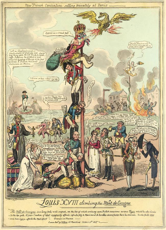 Una despiadada caricatura de George Cruikshank muestra a Luis XVIII tratando de sostenerse en el trono francés apoyado por los aliados (1815). Colección de la Universidad de Washington.