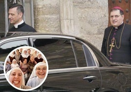 En la imagen, el cura coctelero, José Ceacero, junto al obispo Pablo Rojas. En el detalle, las monjas excomulgadas de Belorado.