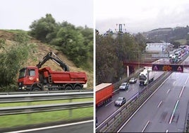 A la izquierda, el desprendimiento en la AP-8 en Usurbil. A la derecha, tráfico detenido en la N-I en Irura.