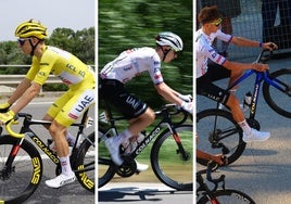 Tadej Pogacar, con las tres bicicletas que ha utilizado en este arranque de Tour de Francia.