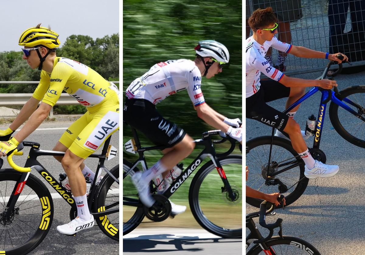 Tadej Pogacar, con las tres bicicletas que ha utilizado en este arranque de Tour de Francia.