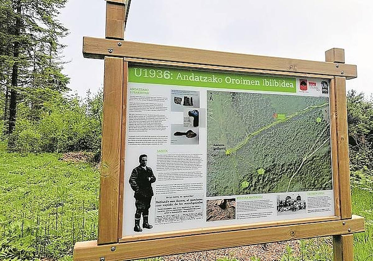 Imagen principal - Arriba, uno de los paneles informativos colocados por la asociación de la memoria usurbildarra. Buzón.