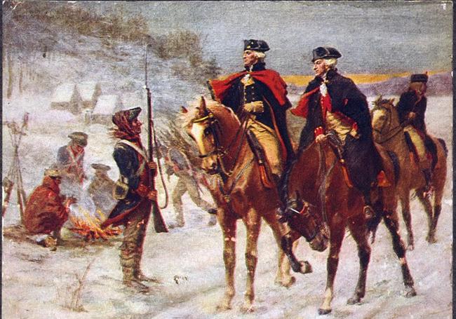 El general Washington y el marqués de La Fayette en Valley Forge. Estampa del año 1907 por John Ward Dunsmore.