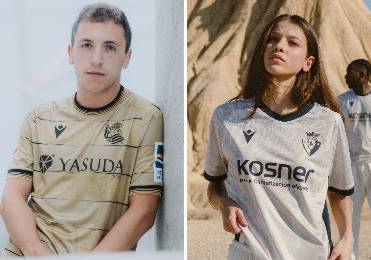 Las segundas camisetas de Real Sociedad y Osasuna, diseñadas por Macron y con el color arena como base.